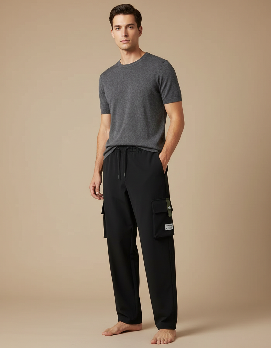 Pantalon Cargo Noir Droit Multipoches Homme Décontracté - Polyester