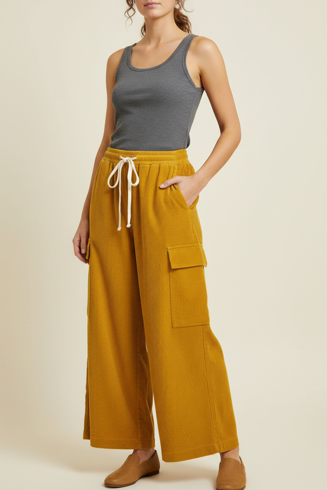 Pantalon Cargo Jaune Côtelé Ample Femme Confortable - Cordé