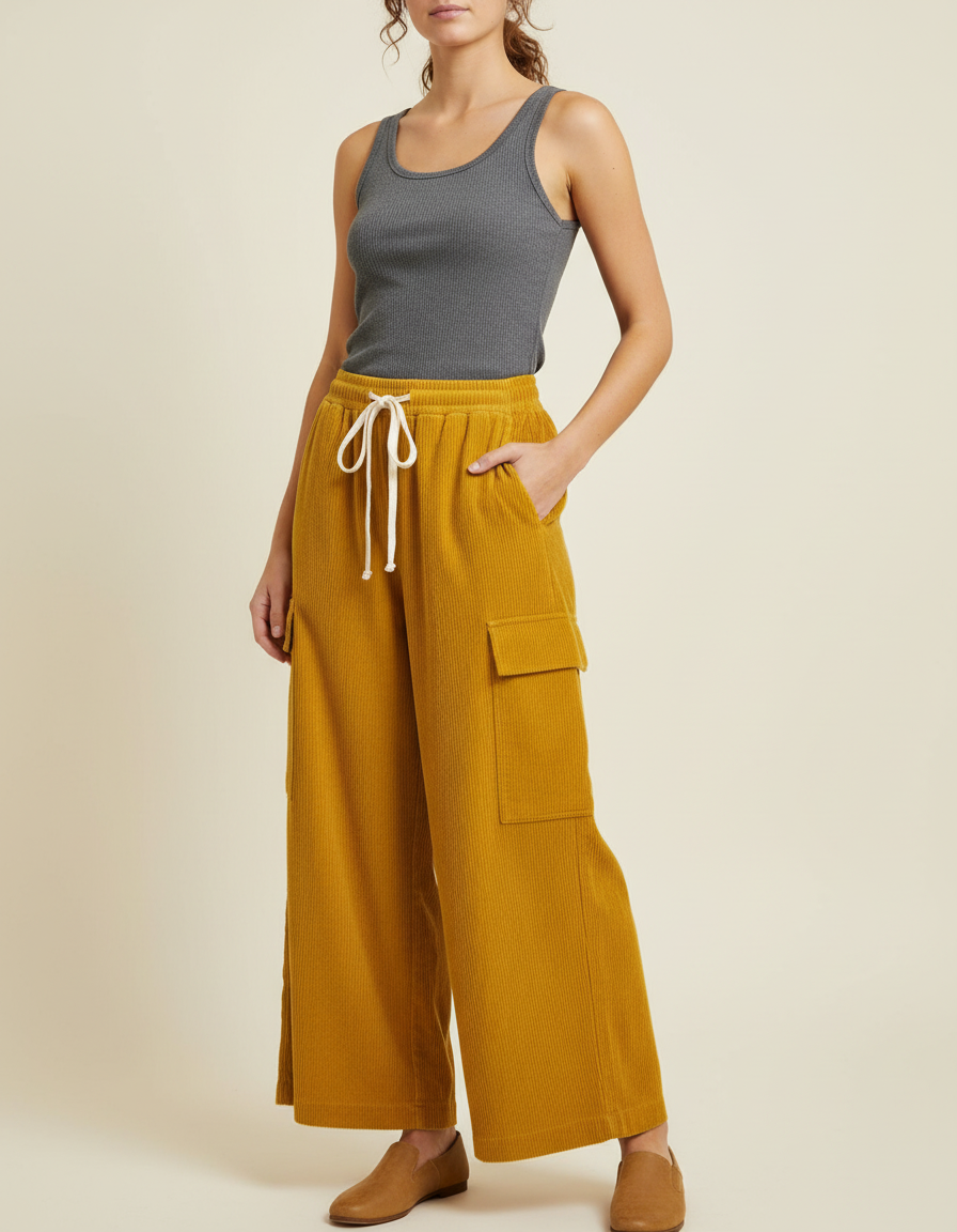 Pantalon Cargo Jaune Côtelé Ample Femme Confortable - Cordé