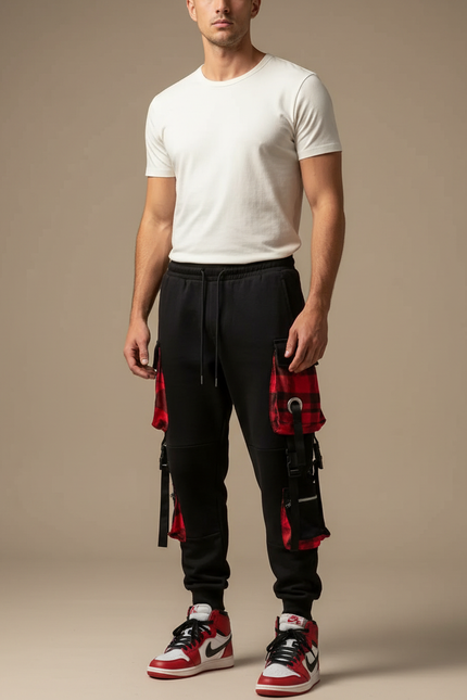 Pantalon Cargo Carreaux Homme - Noir Molleton