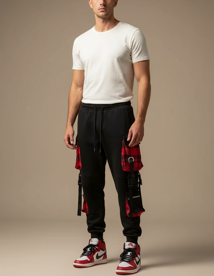 Pantalon Cargo Carreaux Homme - Noir Molleton