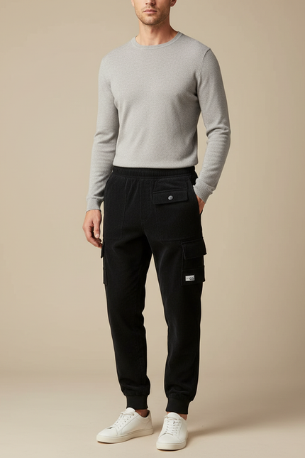 Pantalon Cargo Noir Côtelé Ample Homme Jogger - Cordé