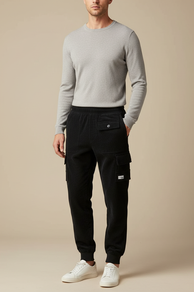 Pantalon Cargo Noir Côtelé Ample Homme Jogger - Cordé