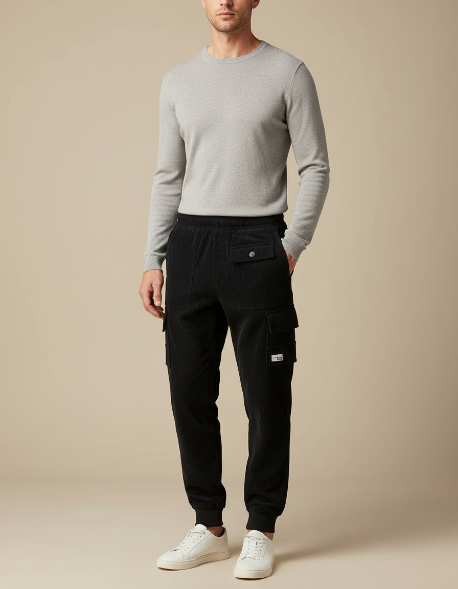 Pantalon Cargo Noir Côtelé Ample Homme Jogger - Cordé
