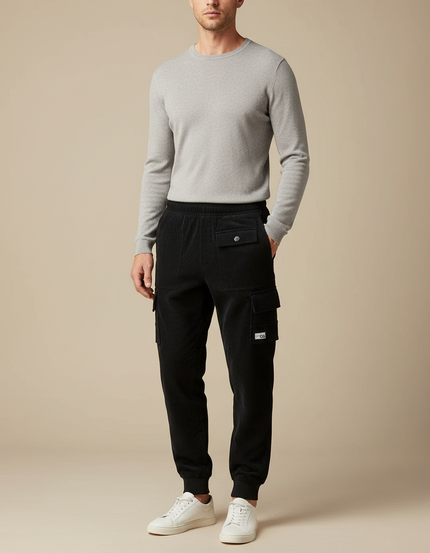 Pantalon Cargo Noir Côtelé Ample Homme Jogger - Cordé