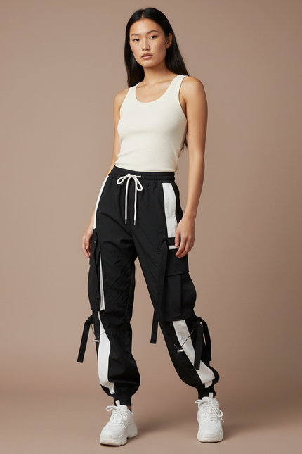 Pantalon Cargo Noir Blanc Ample Multipoches Streetwear Femme - Polyester