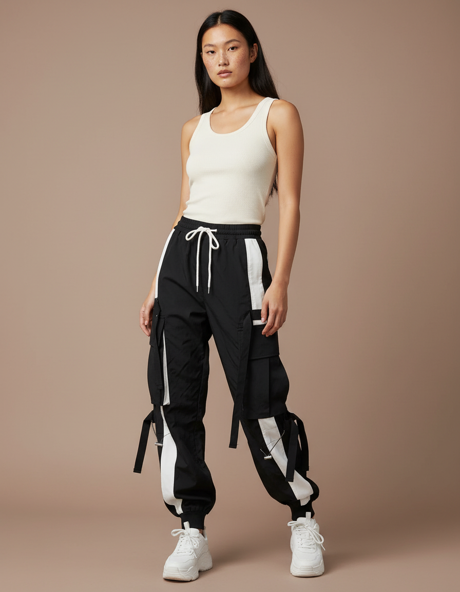 Pantalon Cargo Noir Blanc Ample Multipoches Streetwear Femme - Polyester