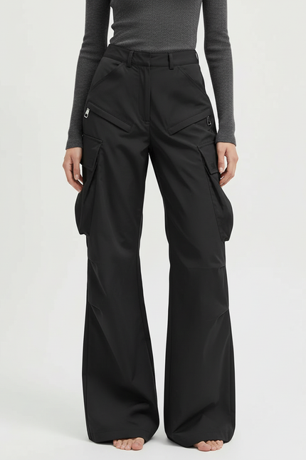 Pantalon Cargo Noir Ample Poches Zippées - Polyester