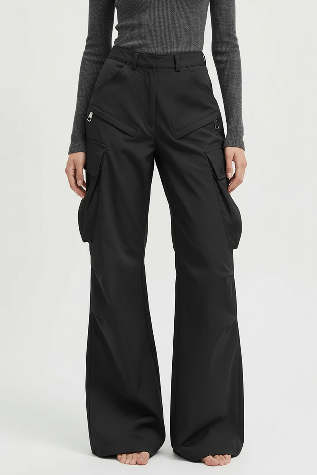 Pantalon Cargo Noir Ample Poches Zippées - Polyester