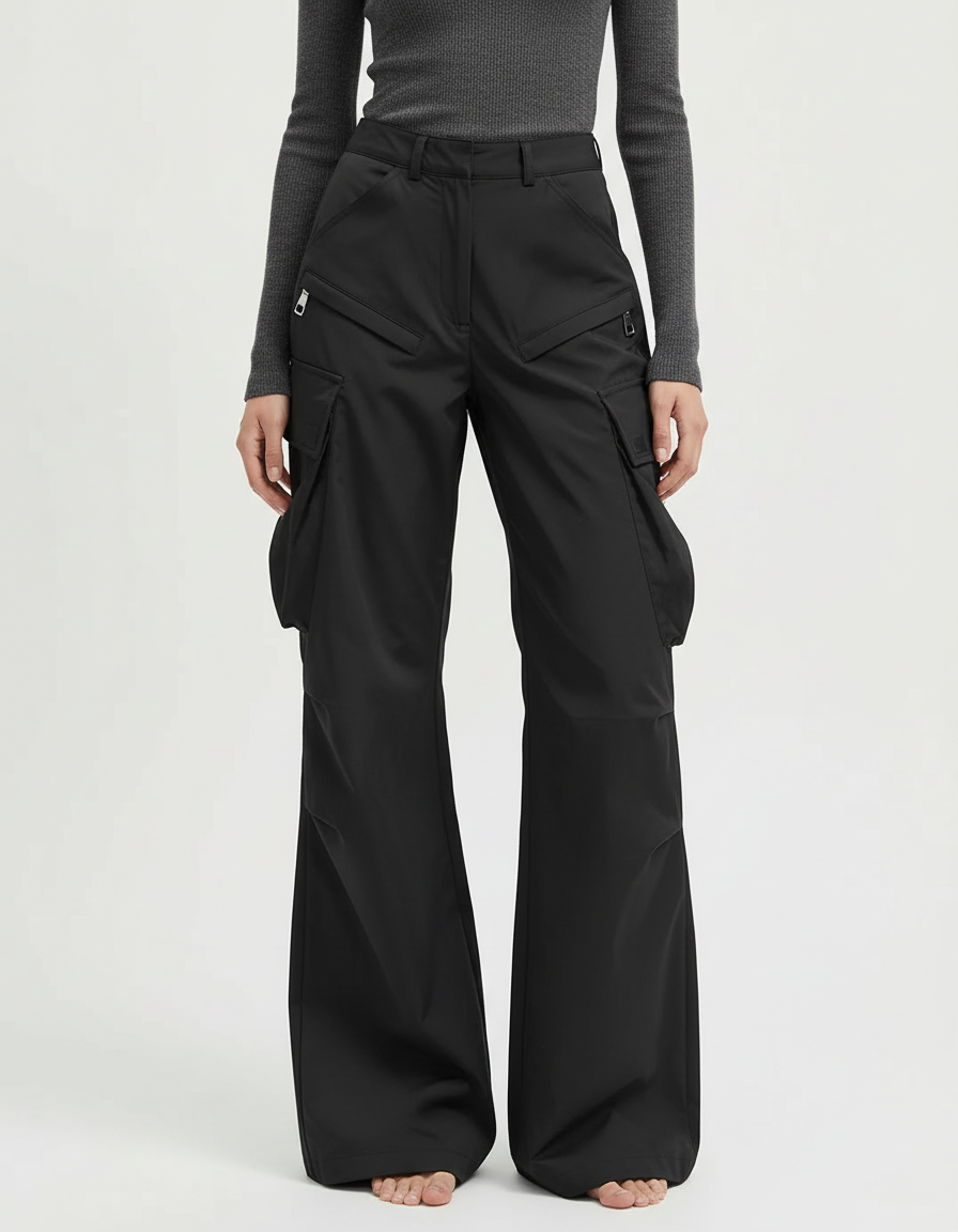 Pantalon Cargo Noir Ample Poches Zippées - Polyester