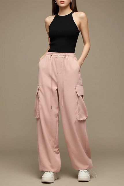 Pantalon Cargo Rose Ample Taille Haute Sport - Polyester