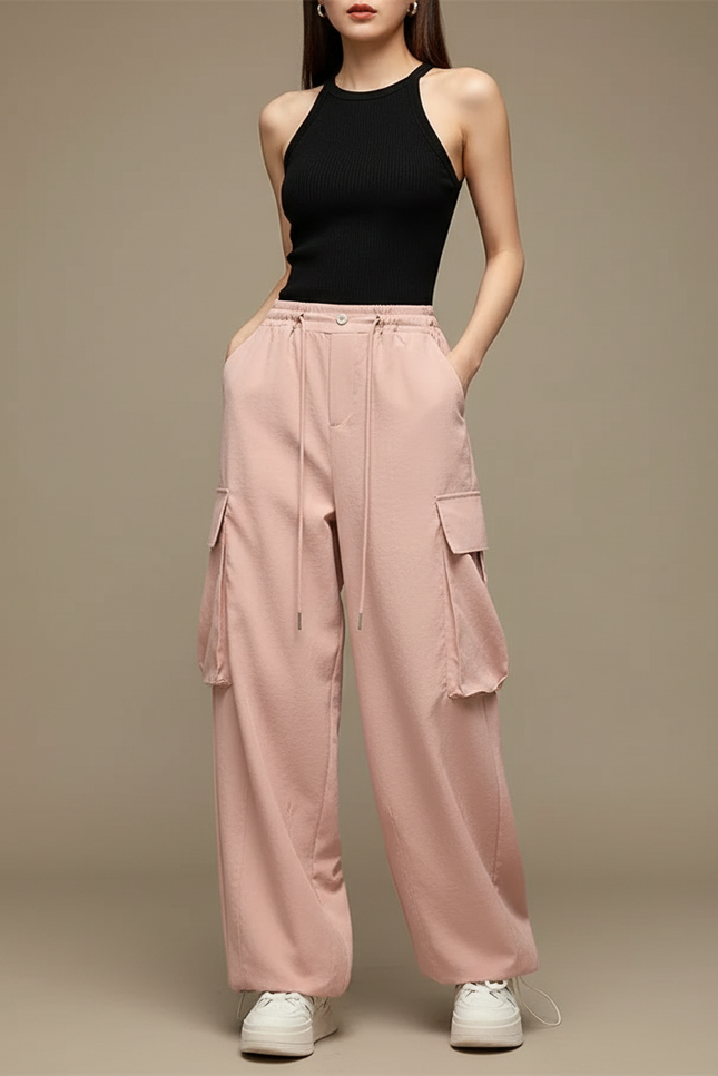 Pantalon Cargo Rose Ample Taille Haute Sport - Polyester