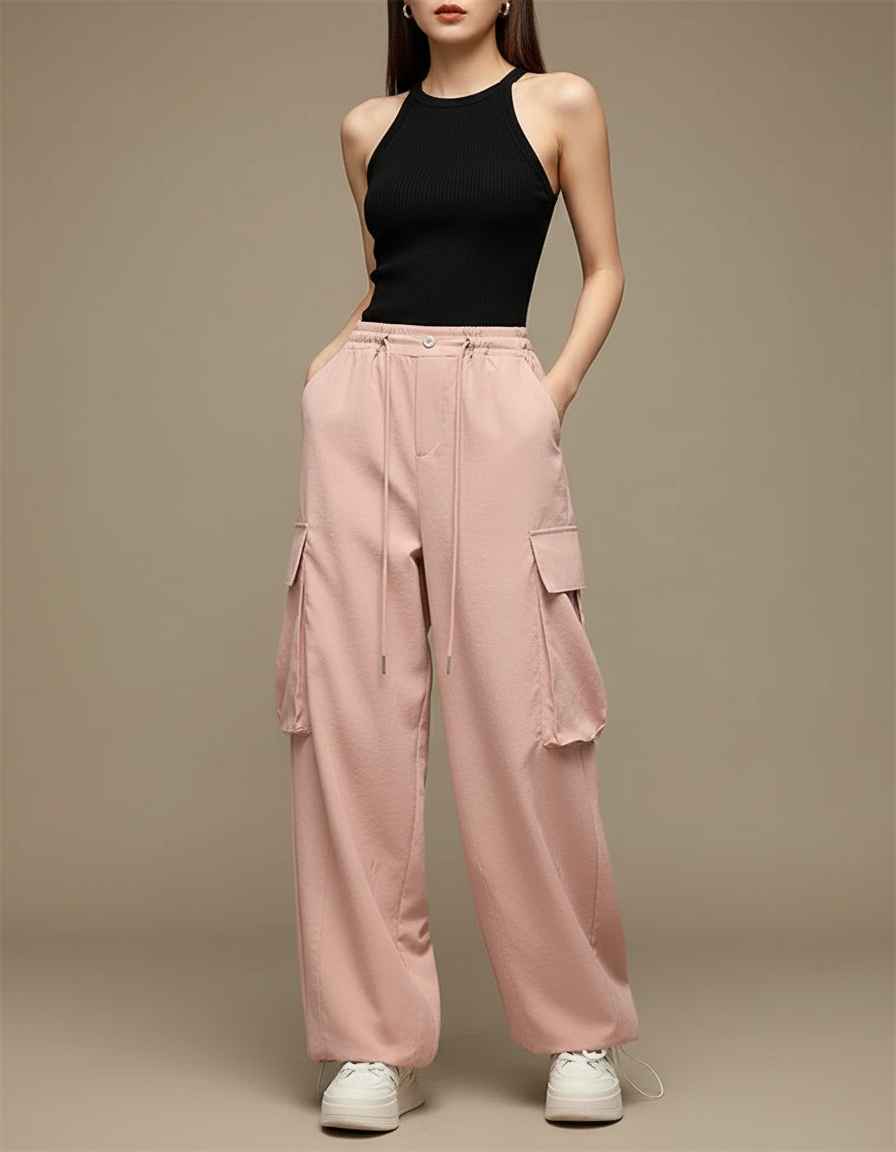 Pantalon Cargo Rose Ample Taille Haute Sport - Polyester