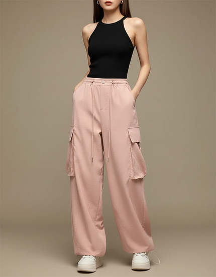 Pantalon Cargo Rose Ample Taille Haute Sport - Polyester