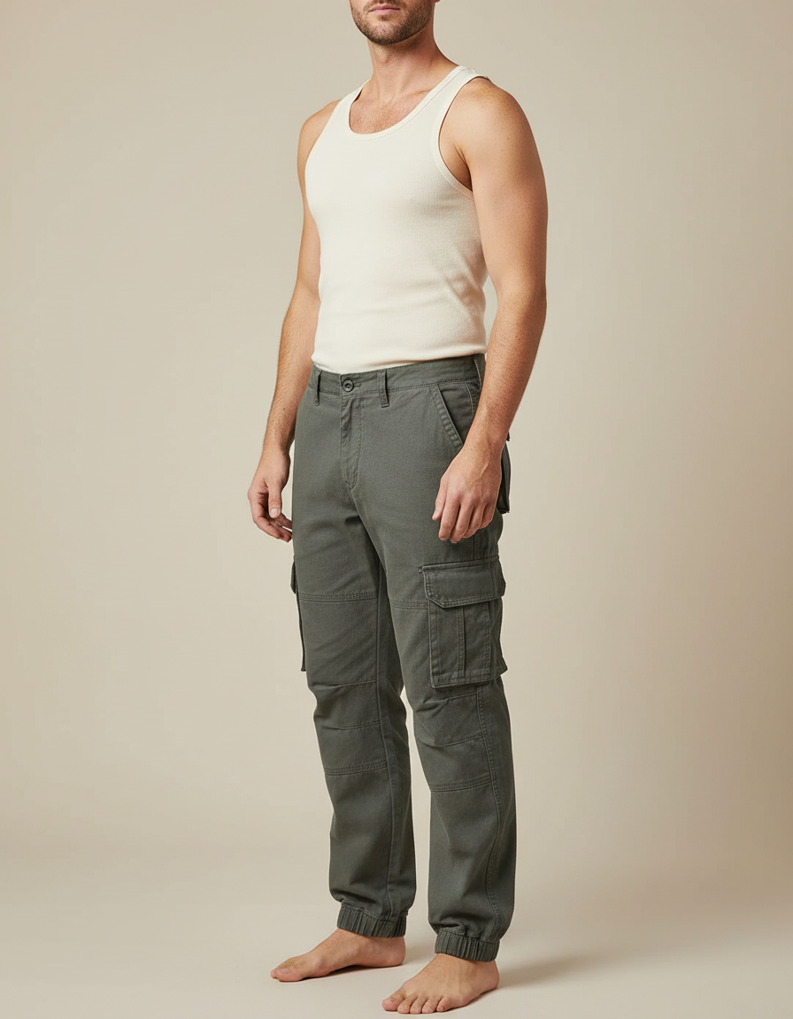 Pantalon Cargo Vert Kaki Ample Coton Homme - Toile