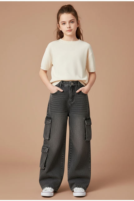 Pantalon Cargo Gris Ample Denim Fille Multipoches - Jean