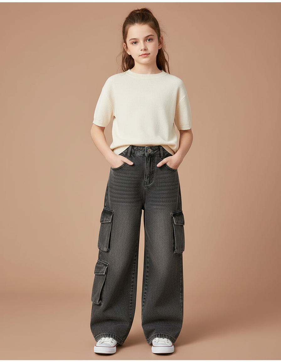 Pantalon Cargo Gris Ample Denim Fille Multipoches - Jean