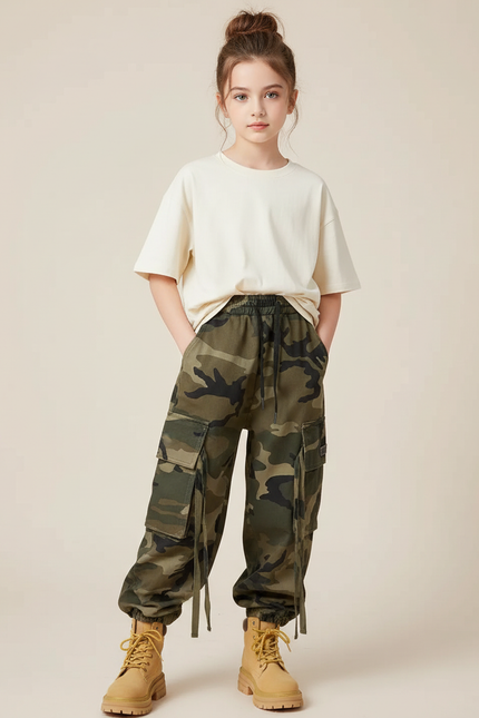 Pantalon Cargo Camouflage Ample Confortable Enfant - Kaki Toile