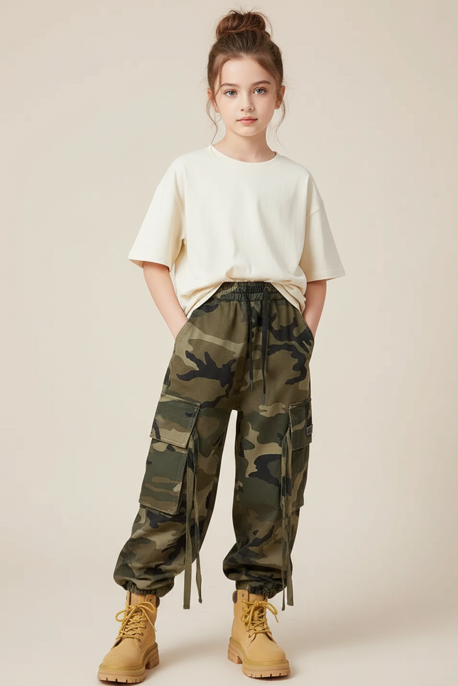 Pantalon Cargo Camouflage Ample Confortable Enfant - Kaki Toile