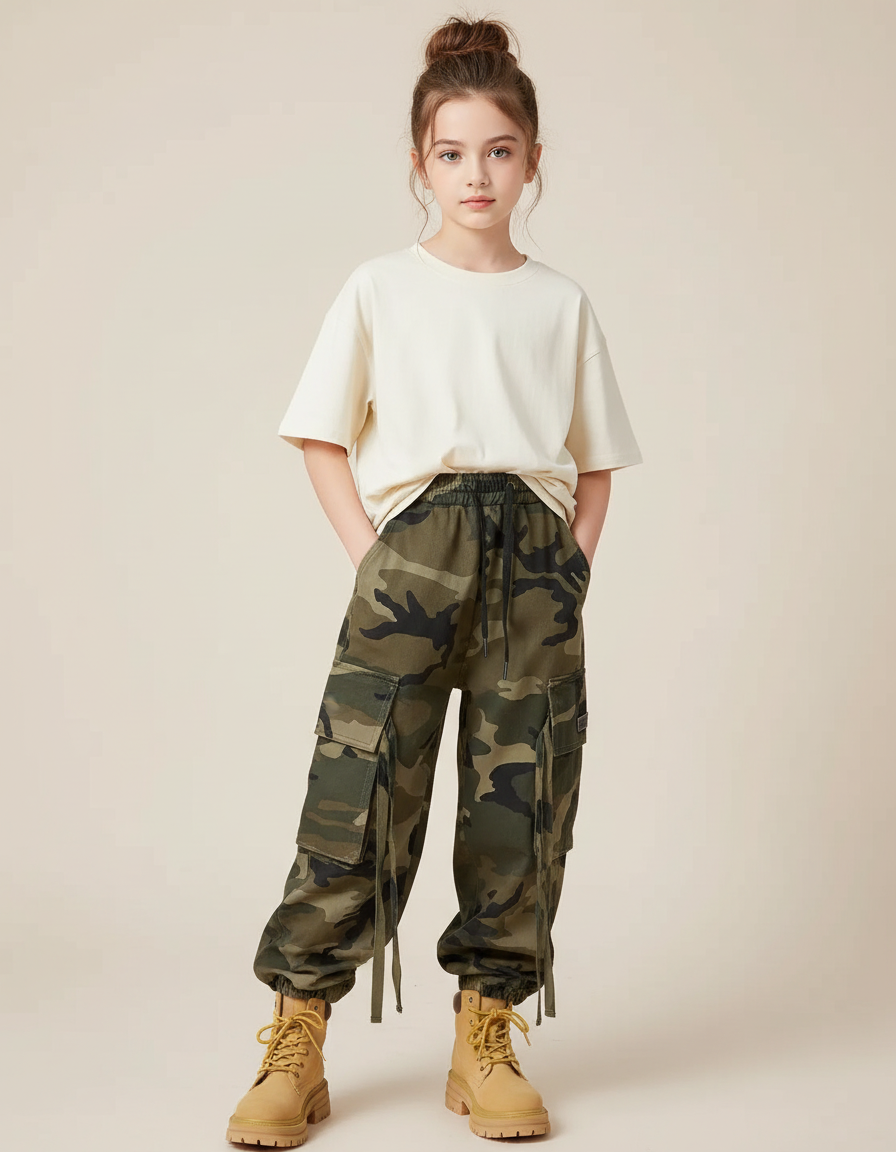 Pantalon Cargo Camouflage Ample Confortable Enfant - Kaki Toile