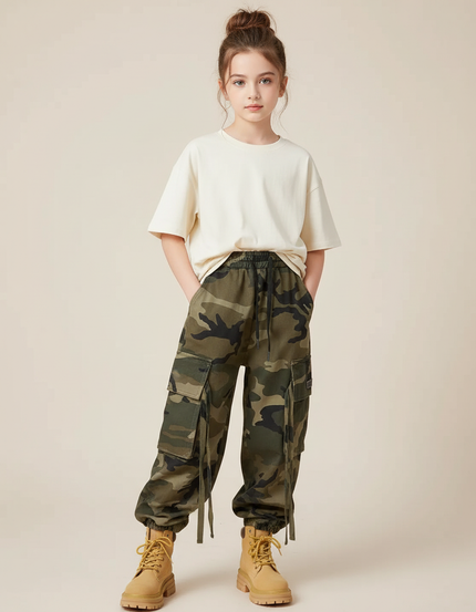 Pantalon Cargo Camouflage Ample Confortable Enfant - Kaki Toile