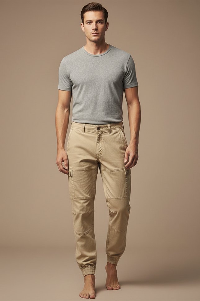 Pantalon Cargo Beige Coton Homme Jogger Multi-poches