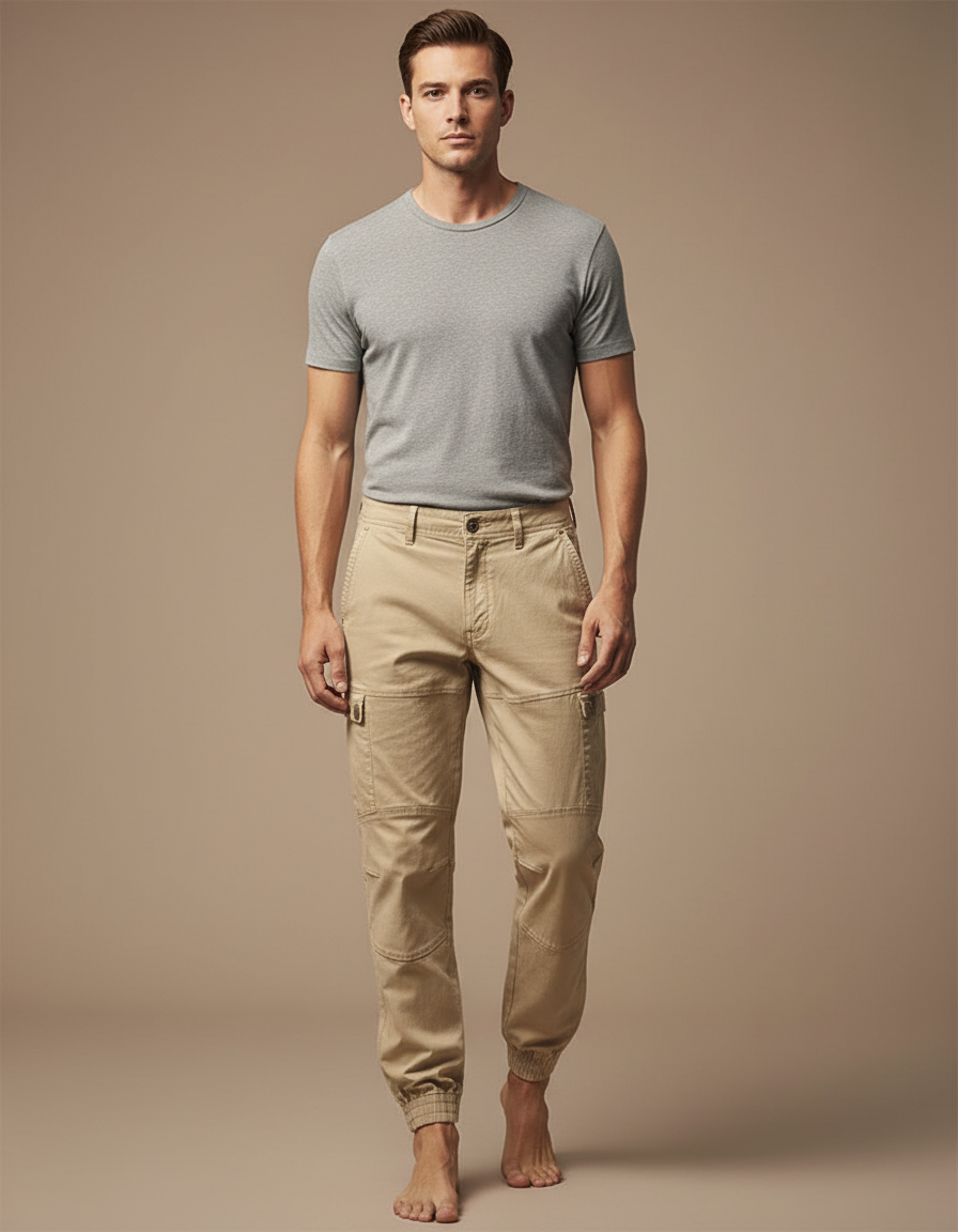 Pantalon Cargo Beige Coton Homme Jogger Multi-poches