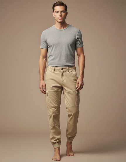 Pantalon Cargo Beige Coton Homme Jogger Multi-poches