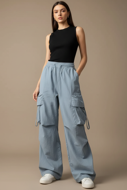 Pantalon Cargo Bleu Ample Multipoches Décontracté Femme - Polyester