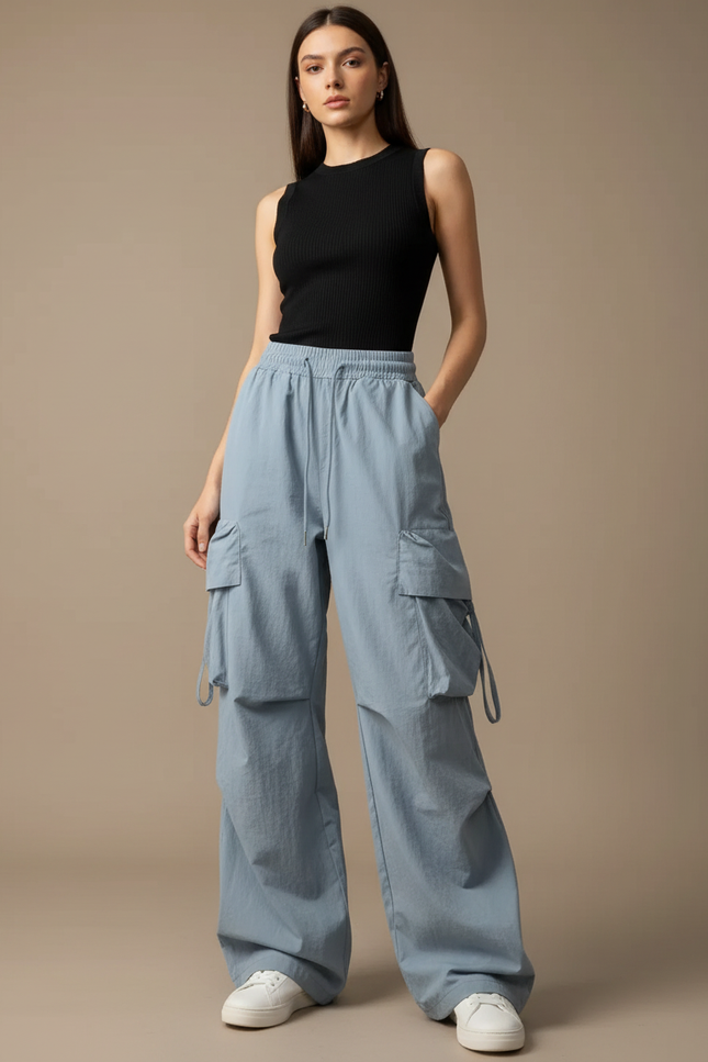 Pantalon Cargo Bleu Ample Multipoches Décontracté Femme - Polyester