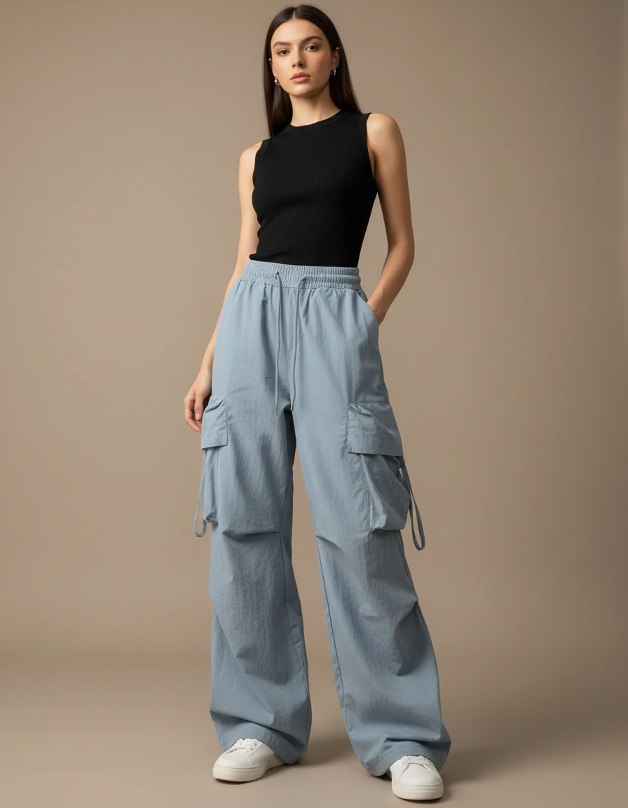Pantalon Cargo Bleu Ample Multipoches Décontracté Femme - Polyester
