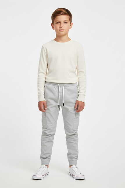 Pantalon Cargo Gris Clair Cordon Élastique Garçon - Toile