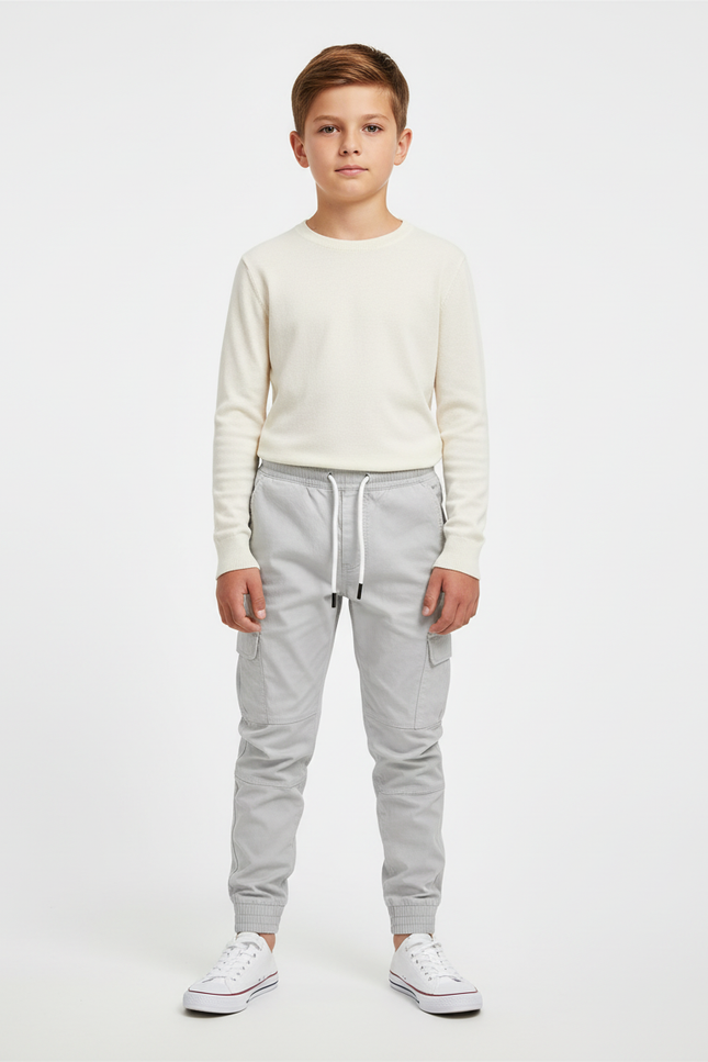 Pantalon Cargo Gris Clair Cordon Élastique Garçon - Toile