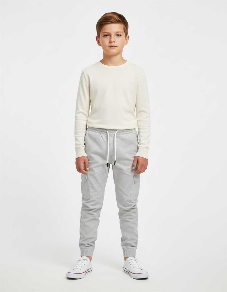 Pantalon Cargo Gris Clair Cordon Élastique Garçon - Toile