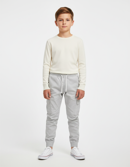 Pantalon Cargo Gris Clair Cordon Élastique Garçon - Toile