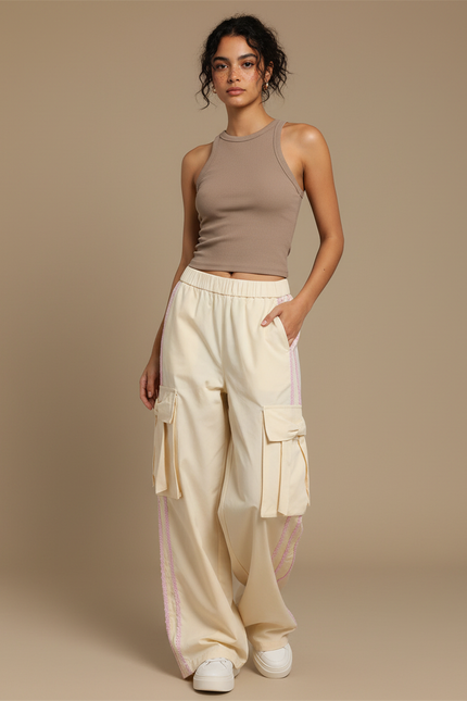 Pantalon Cargo Écru Ample Poches Latérales Streetwear - Beige Gabardine