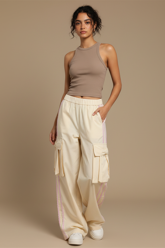 Pantalon Cargo Écru Ample Poches Latérales Streetwear - Beige Gabardine