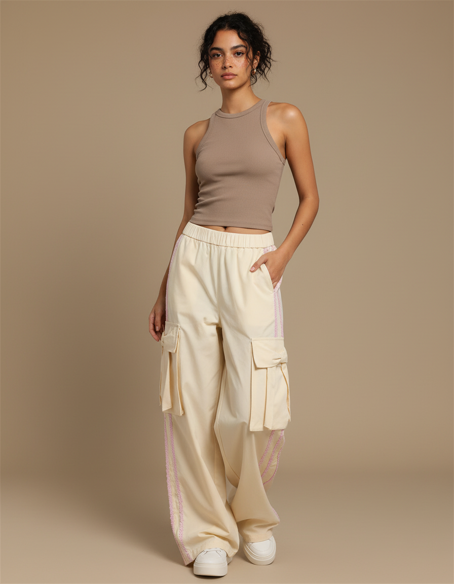 Pantalon Cargo Écru Ample Poches Latérales Streetwear - Beige Gabardine