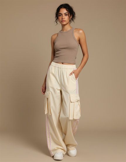 Pantalon Cargo Écru Ample Poches Latérales Streetwear - Beige Gabardine