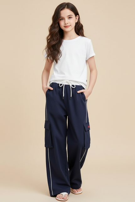 Pantalon Cargo Bleu Marine Ample Fille Multipoches Décontracté - Molleton