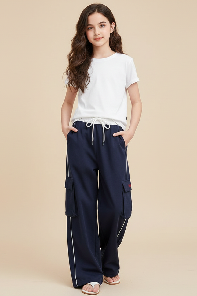 Pantalon Cargo Bleu Marine Ample Fille Multipoches Décontracté - Molleton
