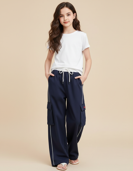 Pantalon Cargo Bleu Marine Ample Fille Multipoches Décontracté - Molleton