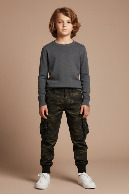 Pantalon Cargo Camouflage Enfant Multipoches Coton - Kaki