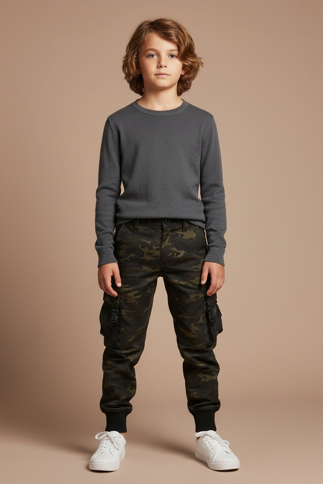 Pantalon Cargo Camouflage Enfant Multipoches Coton - Kaki