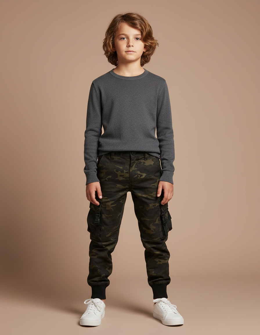 Pantalon Cargo Camouflage Enfant Multipoches Coton - Kaki