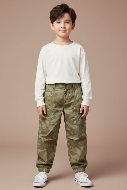 Pantalon Cargo Camouflage Vert Ample Garçon Décontracté - Kaki Toile
