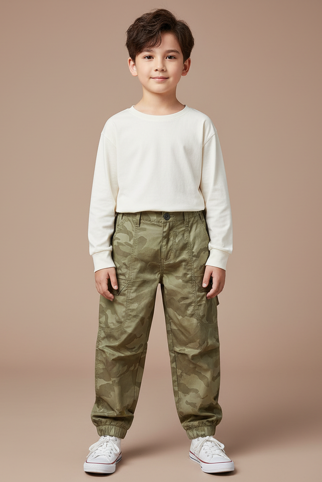 Pantalon Cargo Camouflage Vert Ample Garçon Décontracté - Kaki Toile