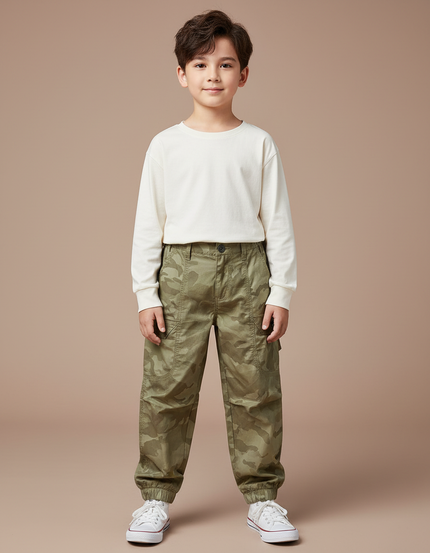 Pantalon Cargo Camouflage Vert Ample Garçon Décontracté - Kaki Toile