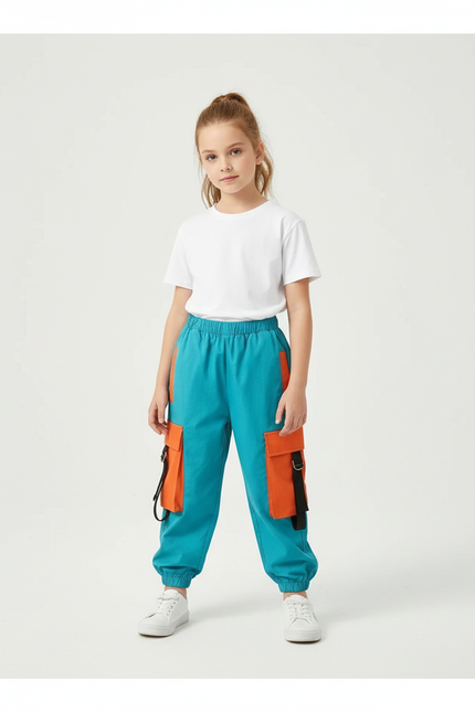 Pantalon Cargo Bleu Orange Ample Sangles Enfant - Molleton