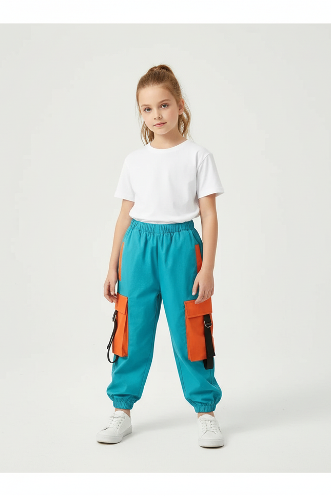 Pantalon Cargo Bleu Orange Ample Sangles Enfant - Molleton